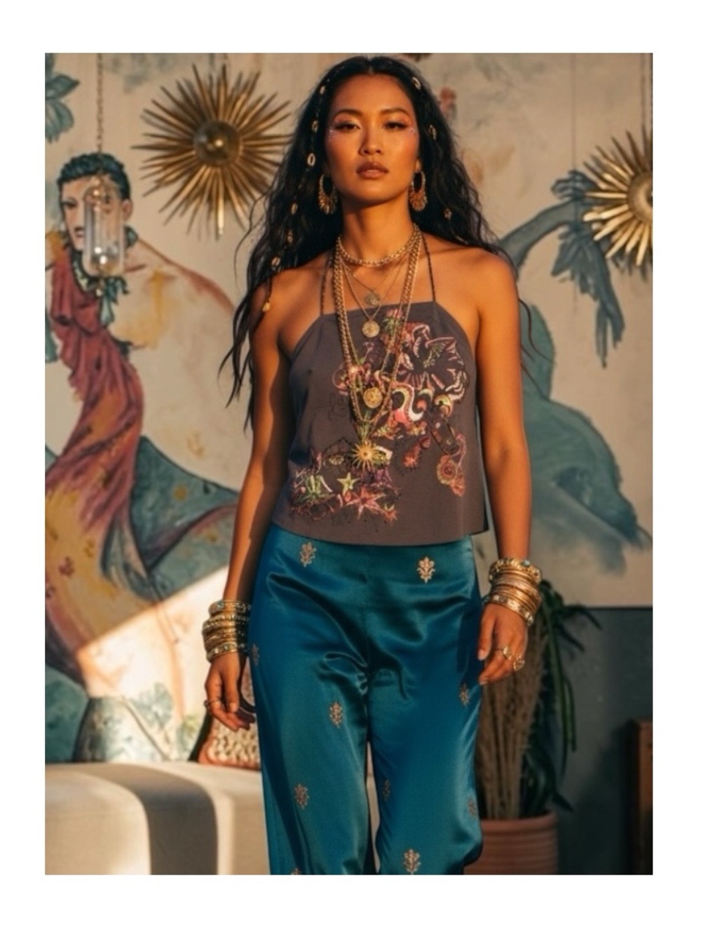new LaRok Luxe ༄ Braided Lurex Straps Graffiti Print Silk Cami Top ༄ Gunmetal M